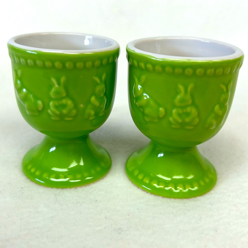2009 LAURA SECORD  apple green ceramic egg cups with 3 raised bunnies design